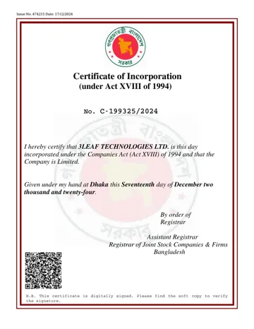 Certificate of Incorporation of 3LEAF TECHNOLOGIES LTD., issued by the Registrar of Joint Stock Companies and Firms, Bangladesh